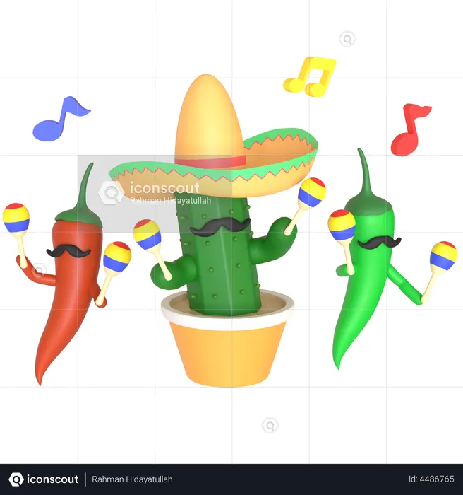 Cactus and chili pepper playing maracas  3D Illustration