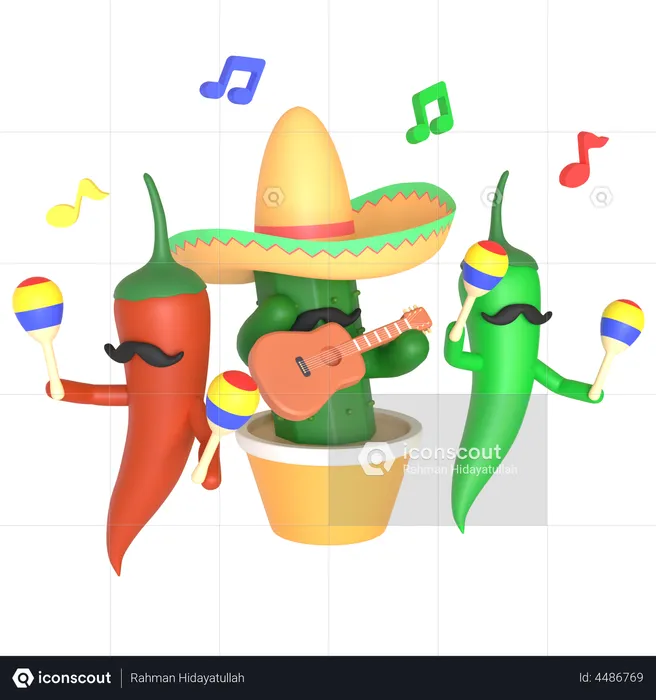 Cactus and chili pepper playing music  3D Illustration