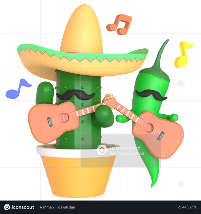 Cactus and green chili pepper playing guitar  3D Illustration