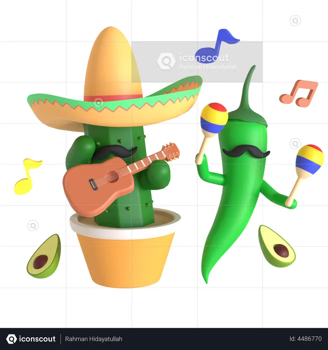 Cactus and green chili pepper playing music  3D Illustration