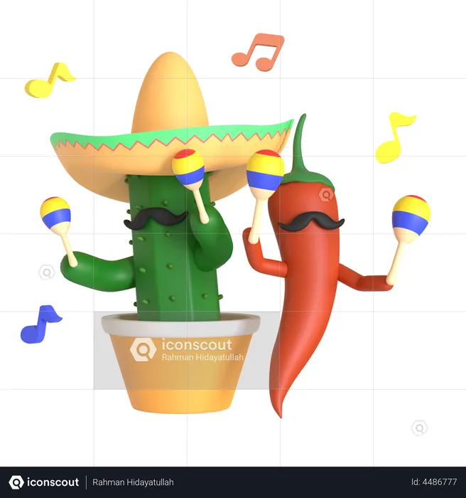 Cactus and red chili pepper playing maracas  3D Illustration