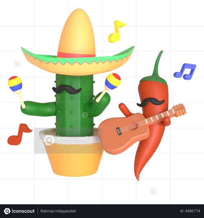Cactus and red chili pepper playing music  3D Illustration