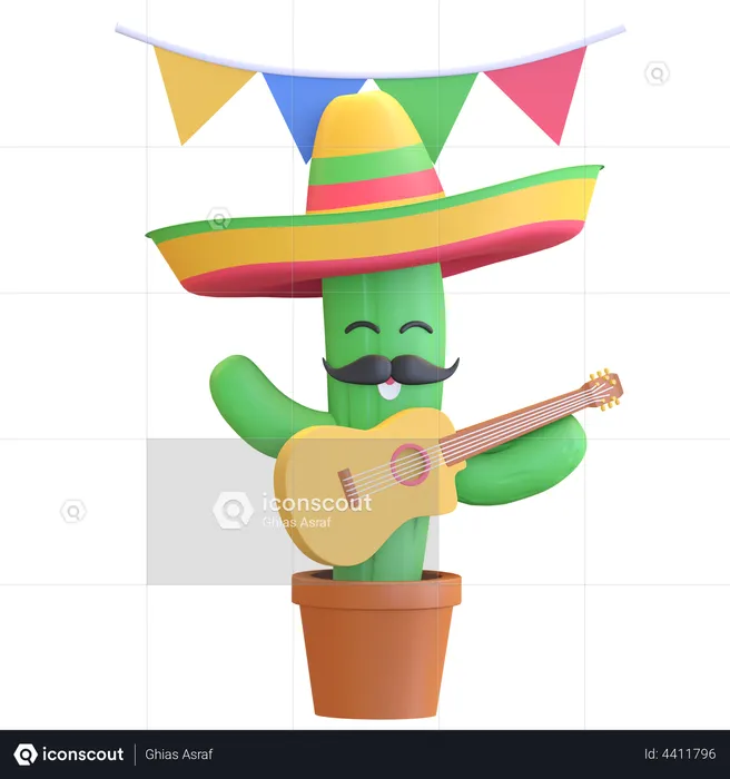 Cactus playing guitar  3D Illustration