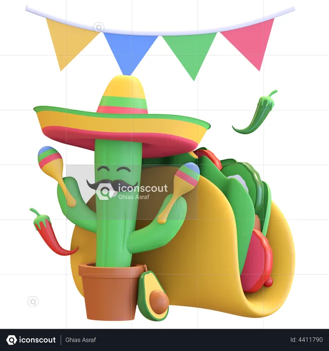 Cactus playing maracas with taco  3D Illustration