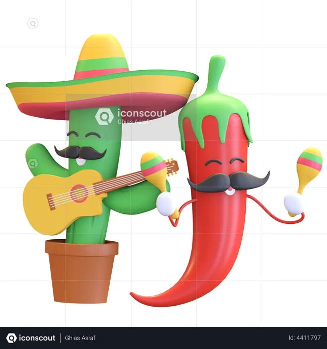 Cactus y chile rojo tocando música.  3D Illustration