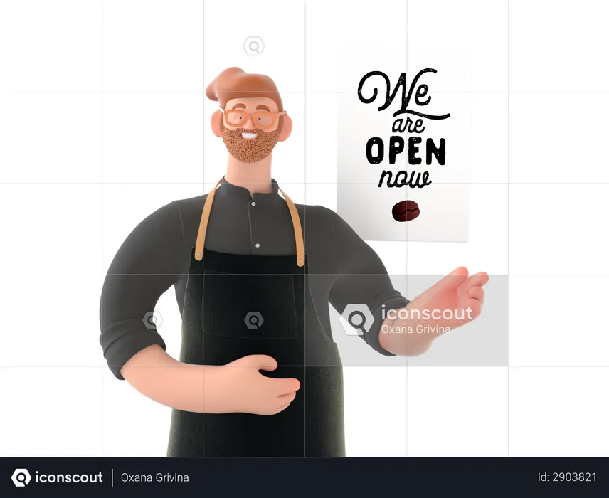 Cafe owner showing we are open  3D Illustration