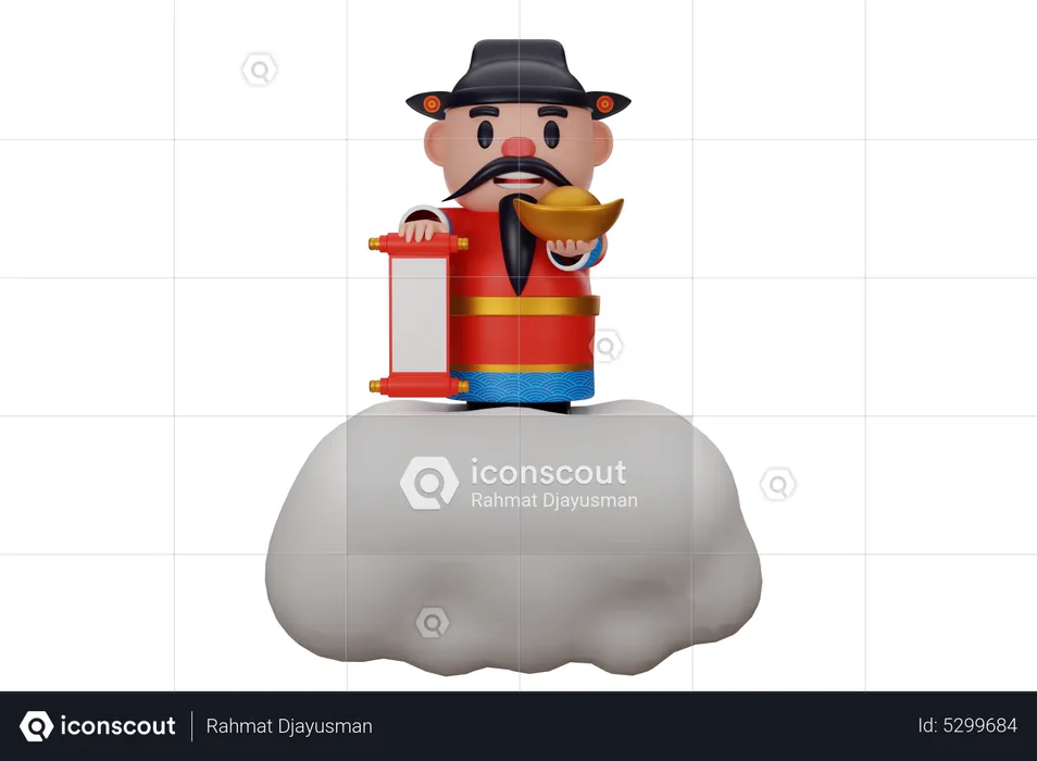 Cai Shen Holding Scroll And Ignot  3D Illustration