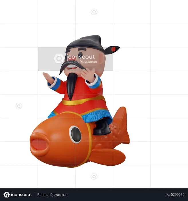 Cai Shen Riding Fish  3D Illustration