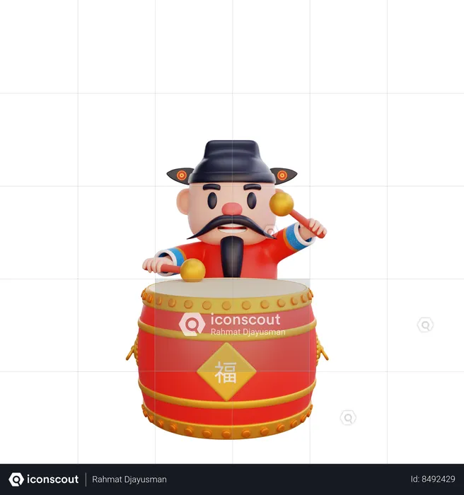 Cai Shen with drum  3D Illustration