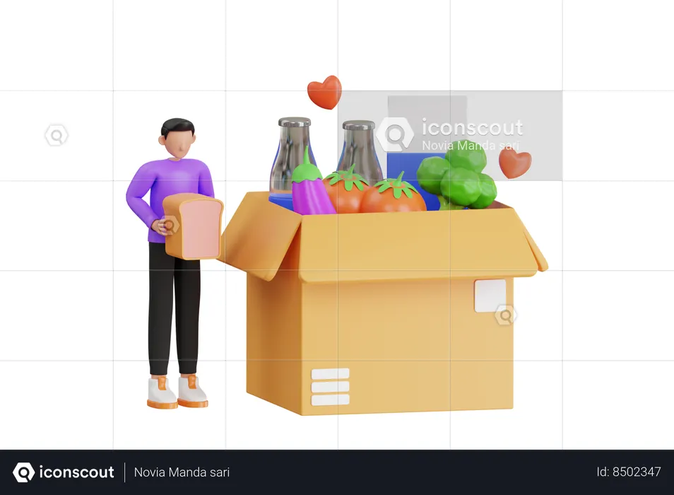 Hombre haciendo caja de donación de alimentos  3D Illustration