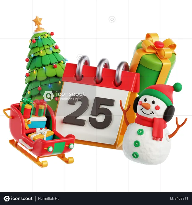 Calendario árbol de navidad muñeco de nieve  3D Icon