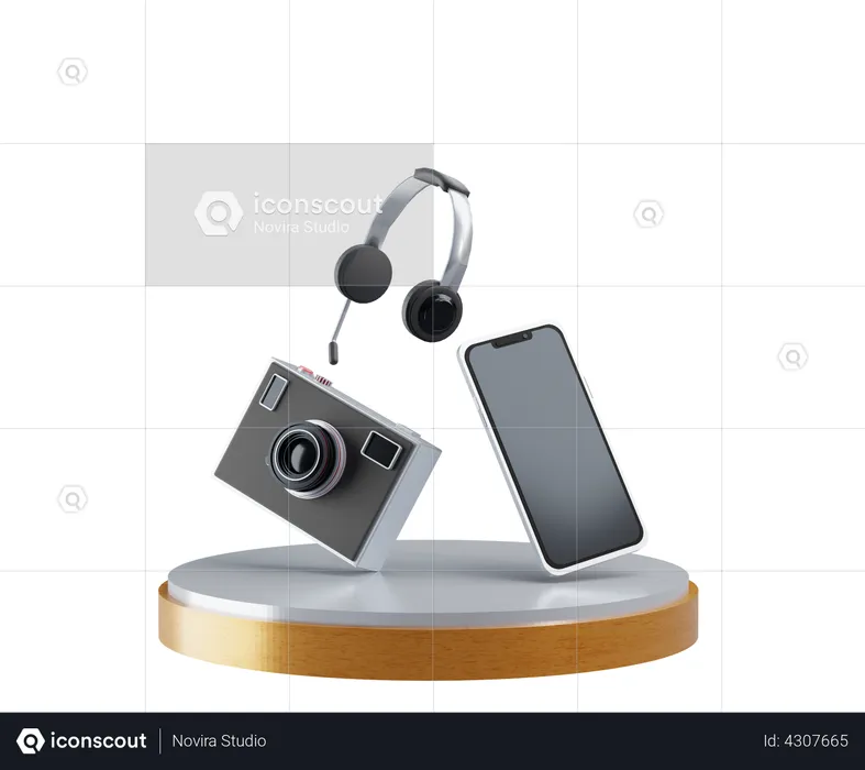 Camera Smartphone and headset  3D Illustration