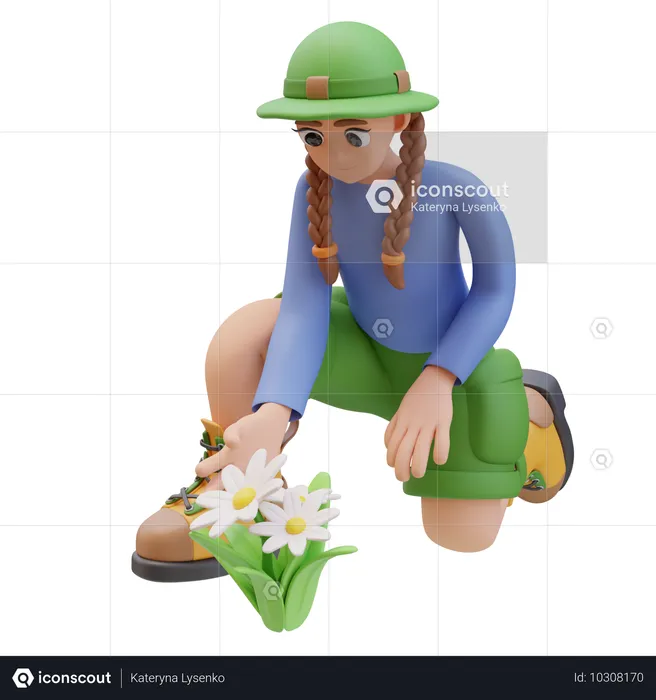 Camper Girl Touch Daisy Flower  3D Illustration