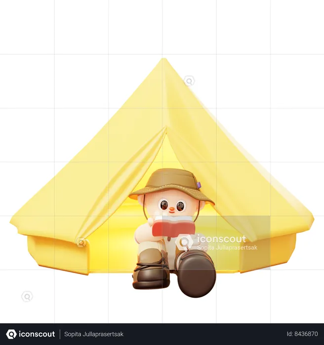 Camper Man Reading Book In Tent  3D Illustration