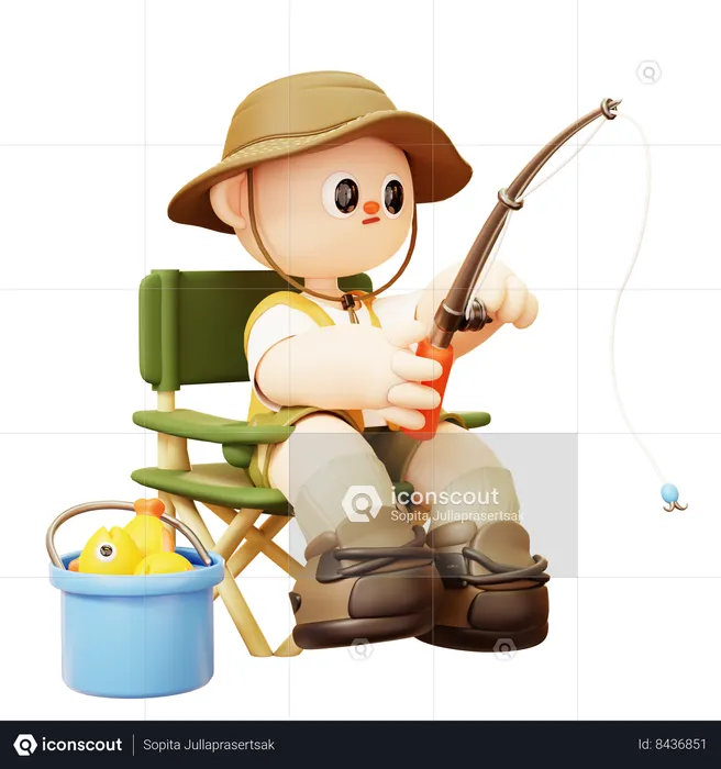 Camper Man Sitting And Fishing In Camp Chair With Fish Bucket 3D  Illustration download in PNG, OBJ or Blend format