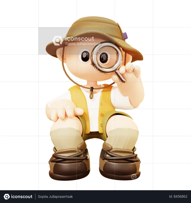 Camper Man Using Magnifying Glass  3D Illustration