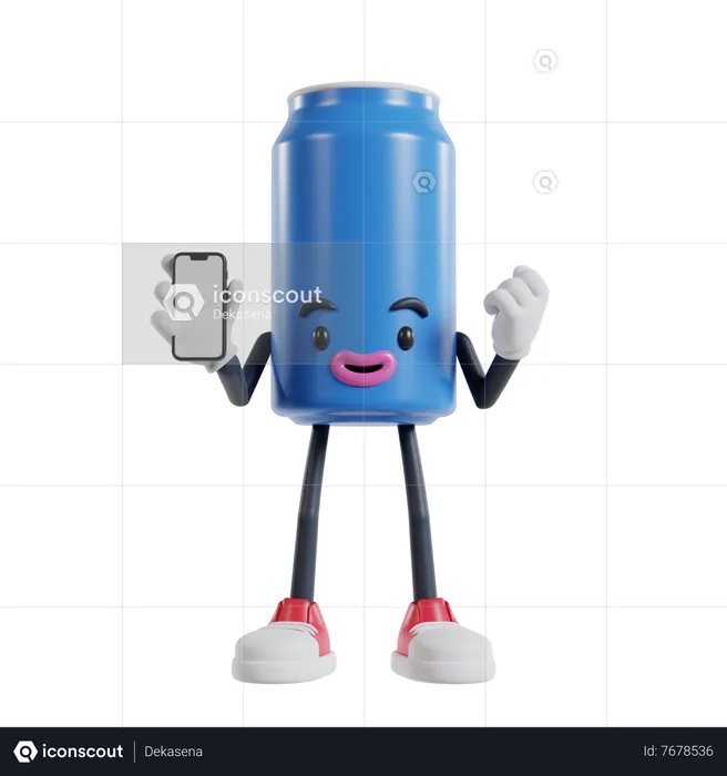 Can of soft drink character doing win gesture showing mobile phone screen  3D Illustration