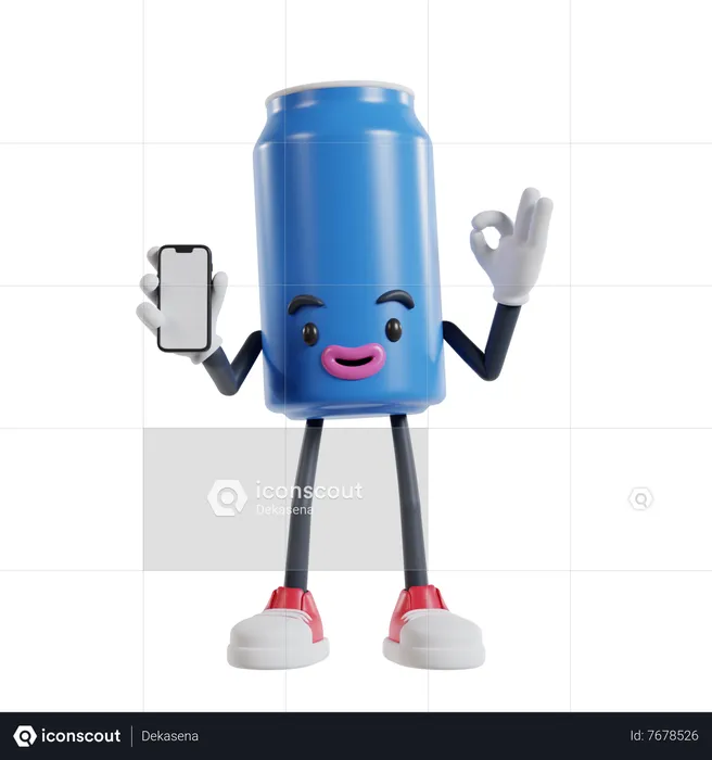 Can of soft drink character holding smartphone and showing ok finger  3D Illustration