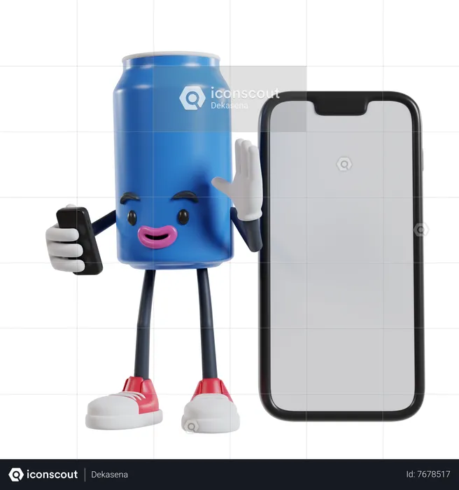 Can of soft drink character making video call and waving hand on big phone  3D Illustration