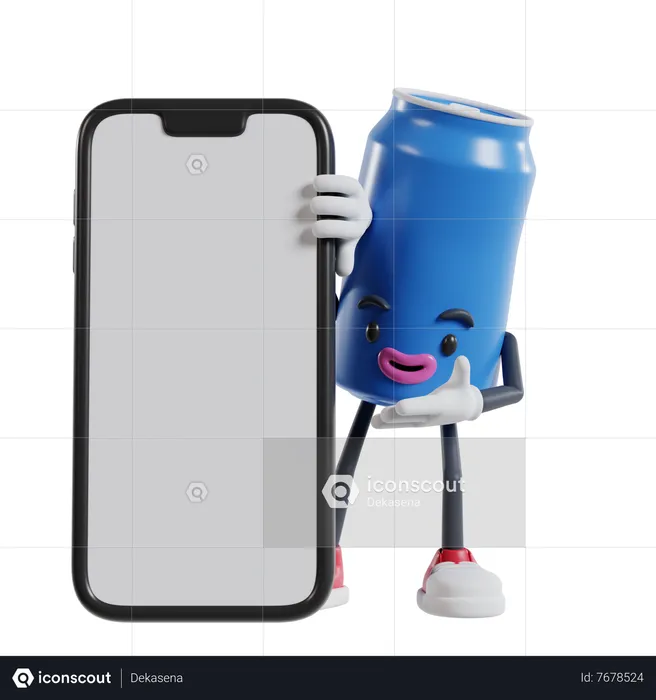 Can of soft drink character peeking from behind a big mobile phone and showing what's on the screen by hand  3D Illustration