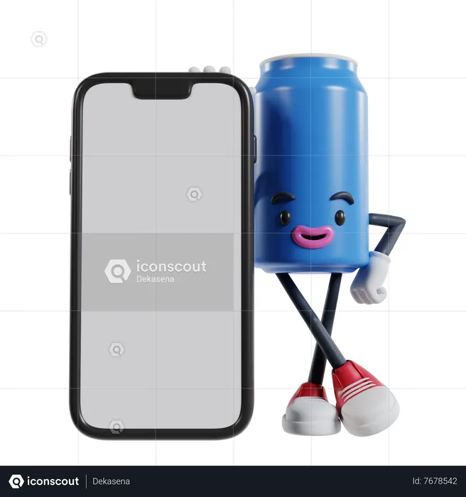Can of soft drink character standing next to big phone with legs crossed and hands on hips  3D Illustration