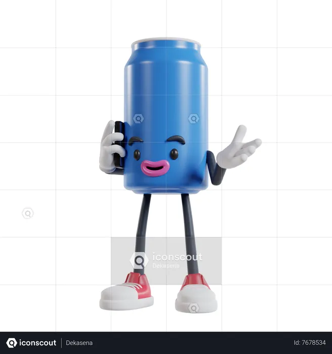 Can of soft drink character talking on smartphone  3D Illustration