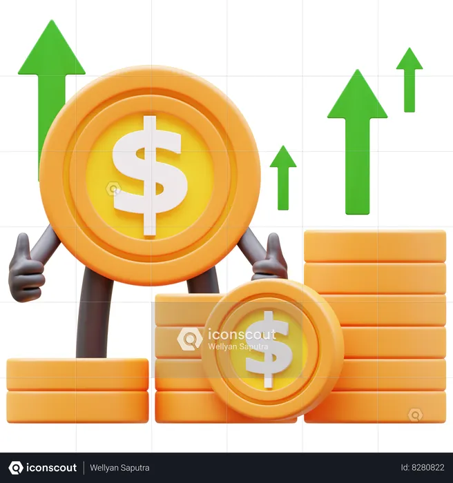 Personagem de moeda de dólar mostrando gráfico de dinheiro subindo  3D Illustration