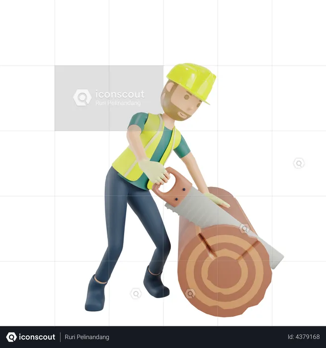 Carpenter with hand saw and wood plane  3D Illustration