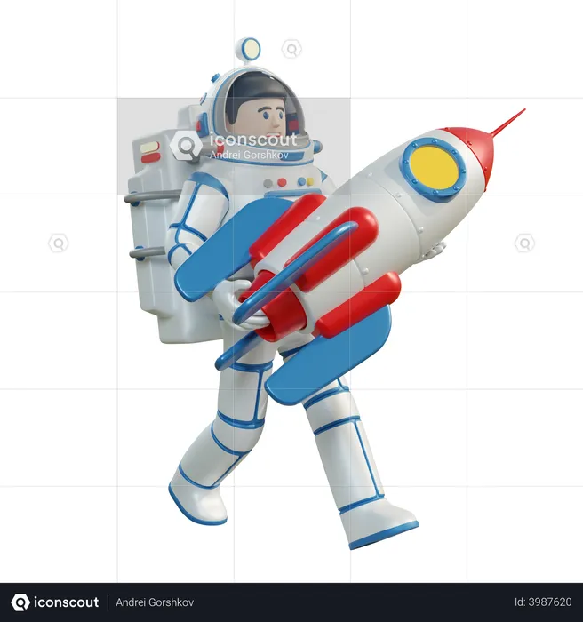 Premium Cartoon Astronaut In A Spacesuit Carries A Space Rocket In His Arms  3D Illustration download in PNG, OBJ or Blend format