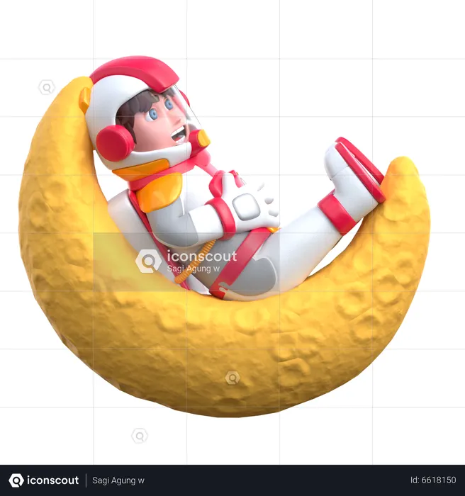 Cartoon Astronaut On Crescent Moon  3D Illustration