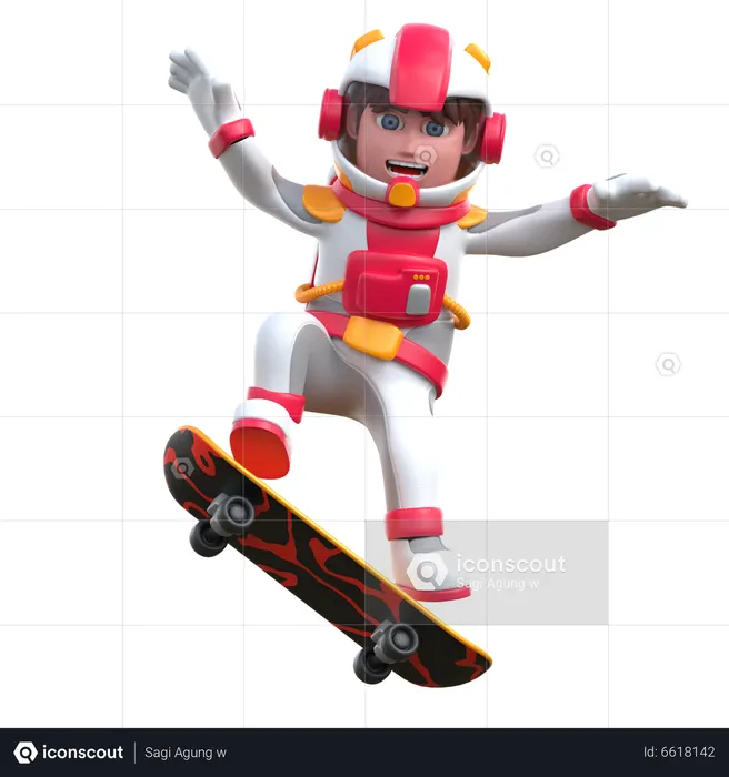 Cartoon Astronaut Playing Skaeboard  3D Illustration