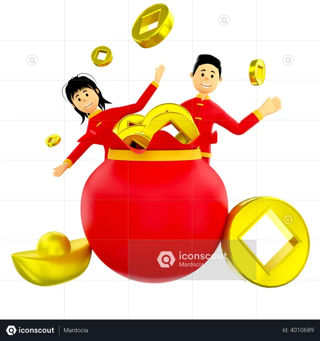 Casal com saco de moedas chinesas  3D Illustration