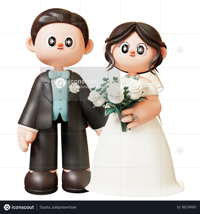 Casal de noivos com buquê  3D Illustration