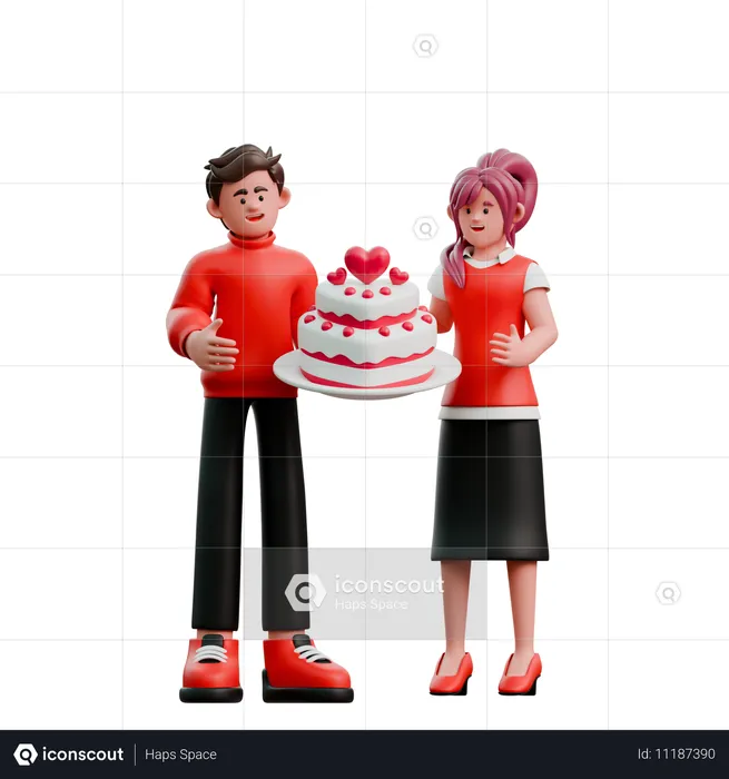 Casal de namorados segurando bolo de dia dos namorados  3D Illustration