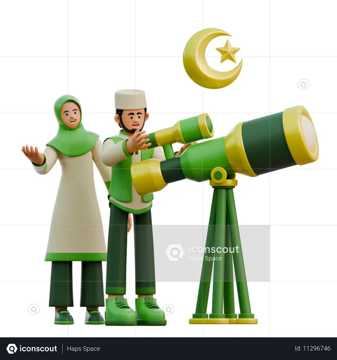 Casal do Ramadã olhando para Hillal  3D Illustration