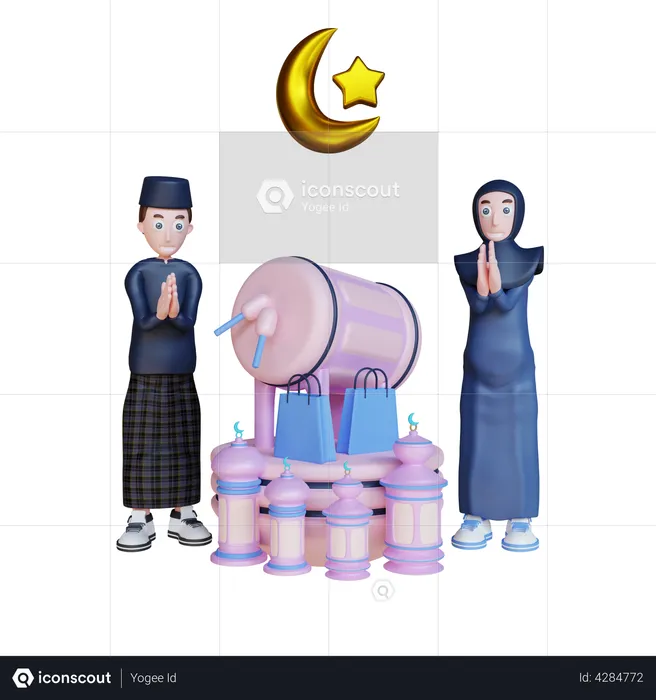 Casal islâmico com mãos postas e tambor  3D Illustration