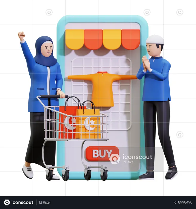 Casal muçulmano fazendo compras on-line  3D Illustration