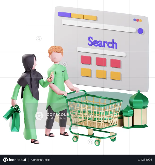 Casal muçulmano fazendo compras on-line para o Ramadã  3D Illustration