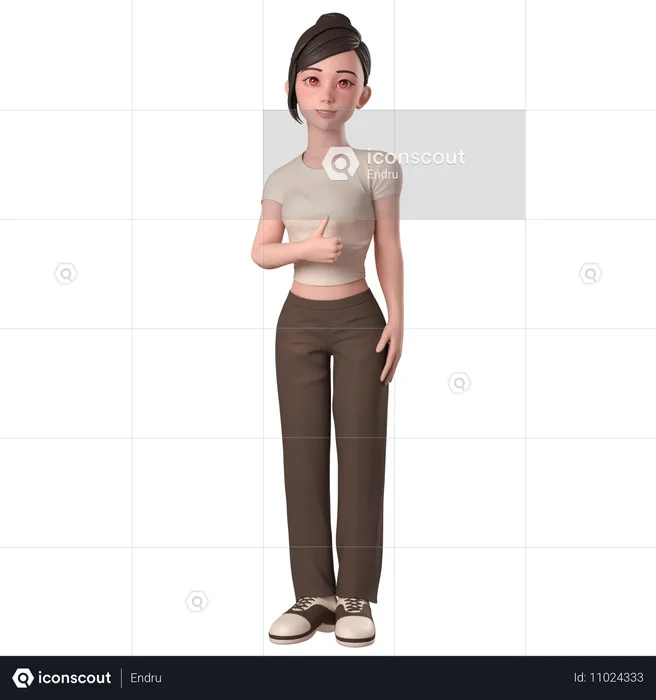 Casual Girl In Brown Dress Doing Thumbs Up Hand Pose With Left Hand  3D Illustration