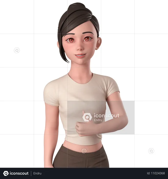 Casual Girl In Brown Dress Doing Thumbs Up Hand Pose With Right Hand  3D Illustration