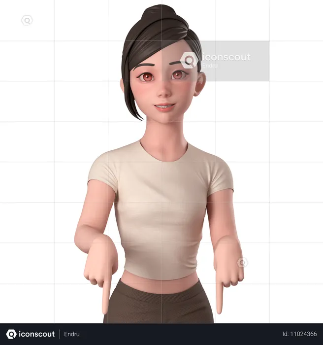 Casual Girl In Brown Dress Pointing Down Using Both Hands  3D Illustration