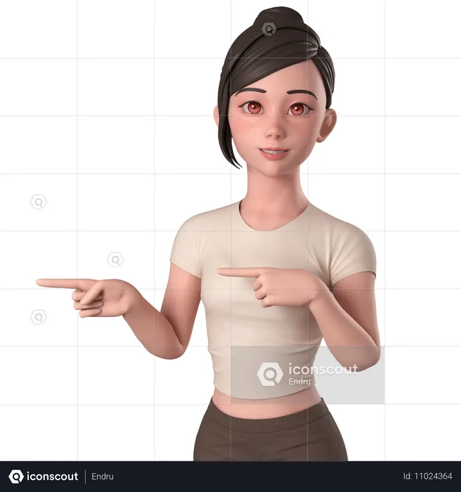 Casual Girl In Brown Dress Pointing To Left Side Using Both Hands  3D Illustration