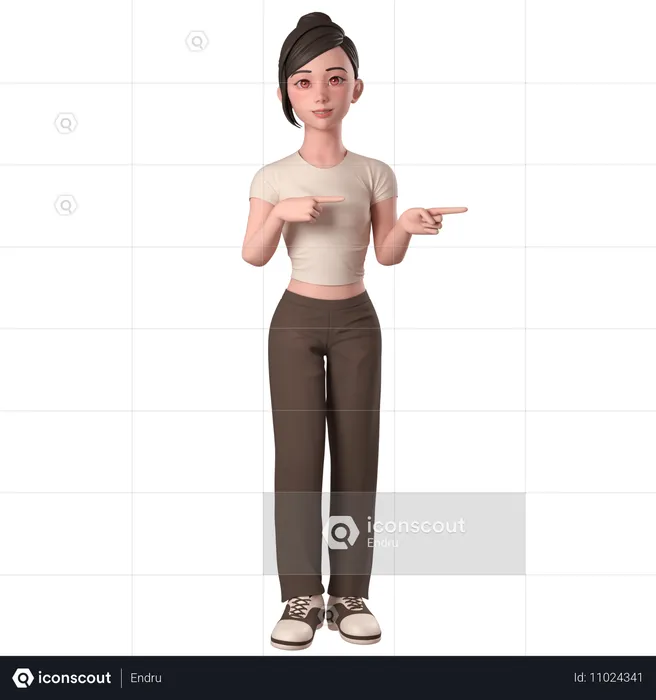 Casual Girl In Brown Dress Pointing To Right Side Using Both Hands  3D Illustration