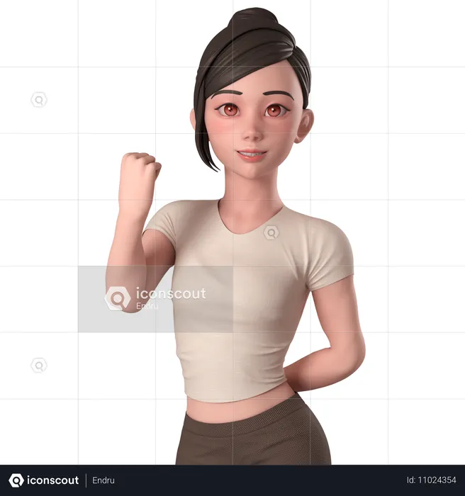 Casual Girl In Brown Dress Shows Fist Pump Pose With Both Hands  3D Illustration