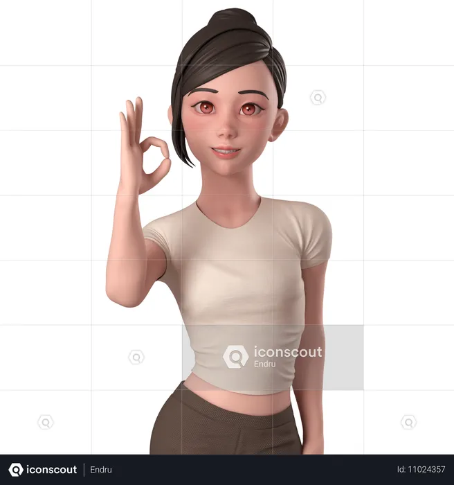 Casual Girl In Brown Dress Shows Ok Sign Pose With Left Hands  3D Illustration