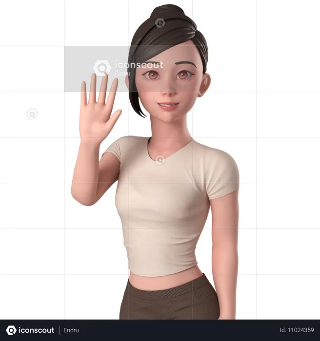 Casual Girl In Brown Dress Waving Hand And Say Hi With Left Hand  3D Illustration