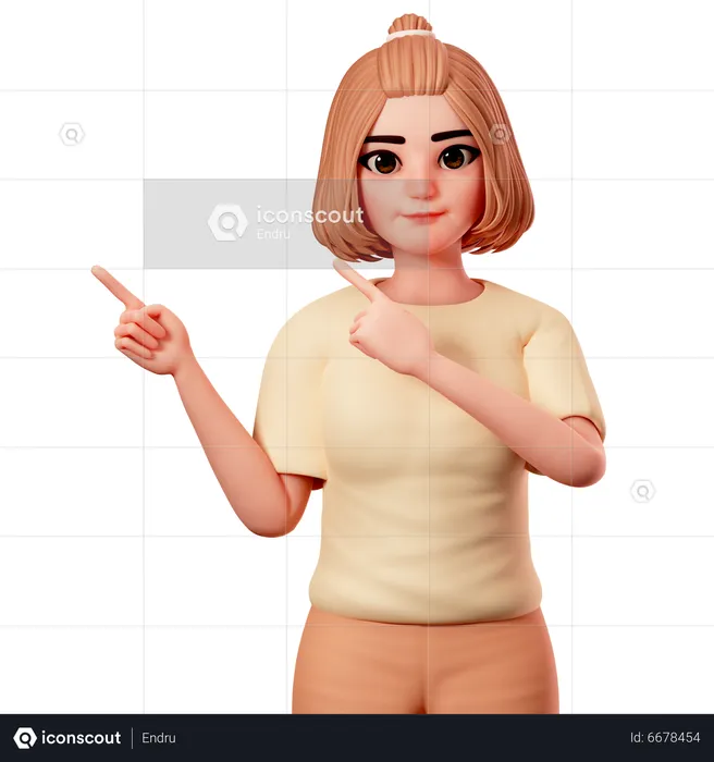 Casual Girl Pointing at Top Left Side using Both Hand  3D Illustration