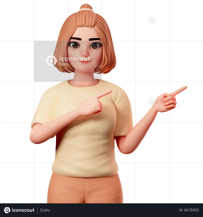 Casual Girl Pointing at Top  Right Side using Both Hand  3D Illustration
