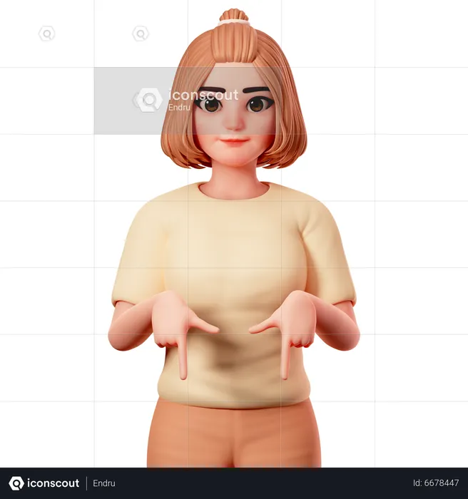 Casual Girl Pointing to downward  using Both Hand  3D Illustration