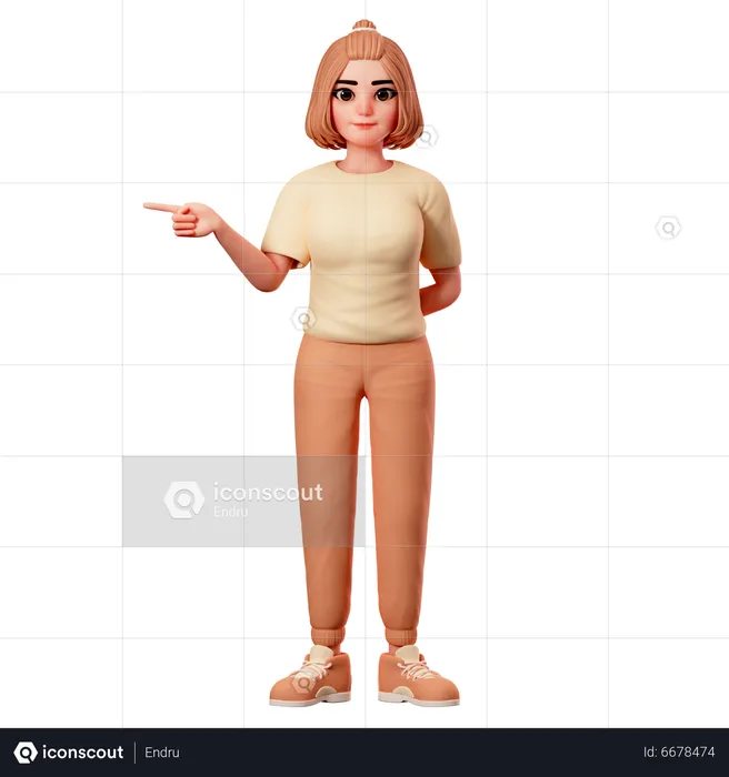 Casual Girl Pointing to Left Side using Left hand  3D Illustration